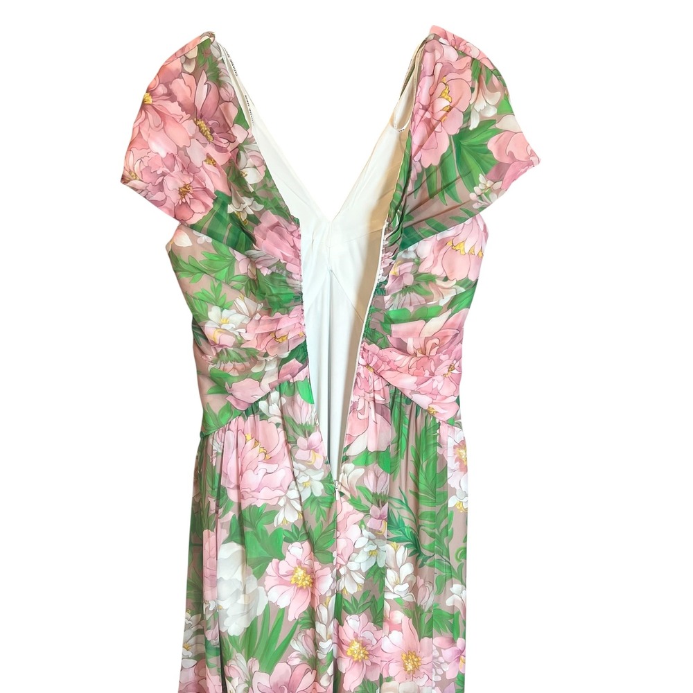 Tadashi Shoji Floral Print Ruched Twist Front Midi Dress Pink Green Womens 10 - Picture 5 of 7
